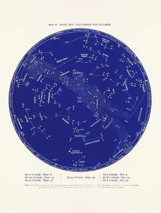 Framed Print : Constellations and Stars. Night Sky Map: September and October Framed Print : Constellations and Stars. Night Sky Map: September and October