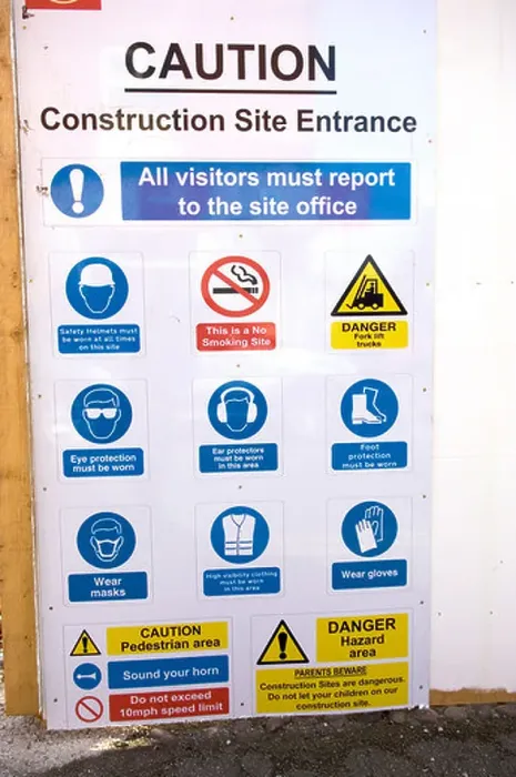 Framed Print : Construction site health and safety instructions signs Framed Print : Construction site health and safety instructions signs