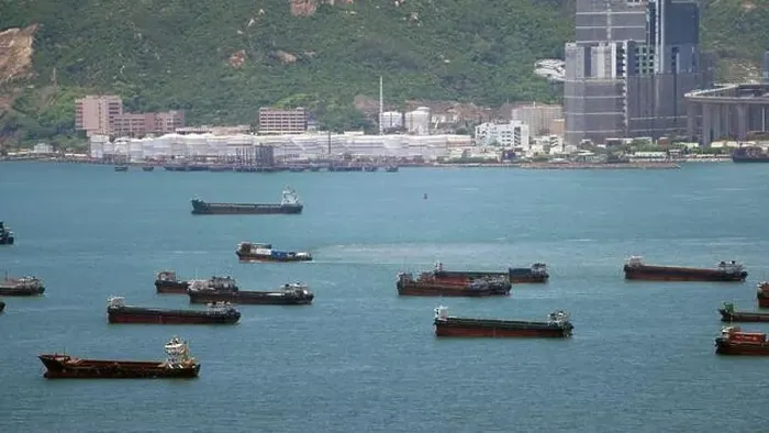Framed Print : the empty container ships park near the Kwai Tsing port between building Framed Print : the empty container ships park near the Kwai Tsing port between building
