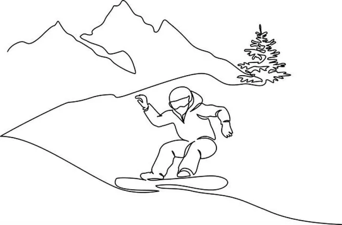 Framed Print : Continuous one line drawing. Young snowboarder man ride fast snowboard at snowy mountain. Tourist sport concept. Vector illustration black on white