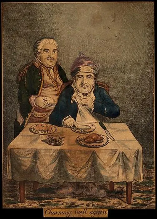 Framed Print : A convalescing man happily eating a meal Framed Print : A convalescing man happily eating a meal