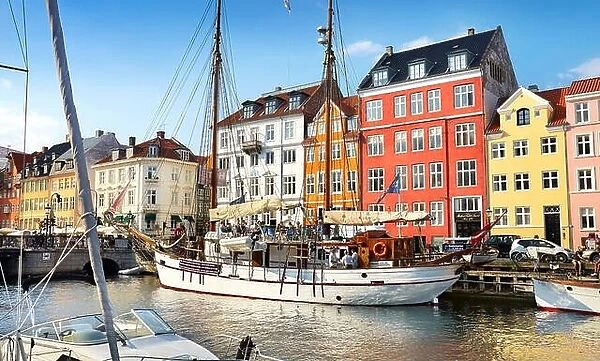 Copenhagen old town, Denmark - the ships moored in Nyhavn Canal