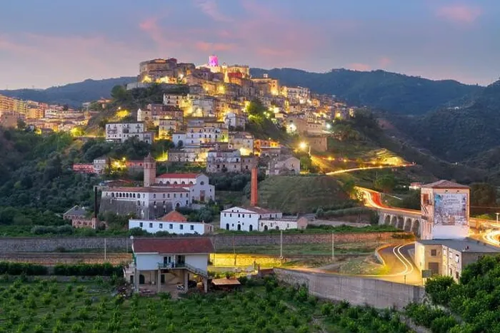 Framed Print : Corigliano Calabro, Italy hilltop townscape at twilight Framed Print : Corigliano Calabro, Italy hilltop townscape at twilight