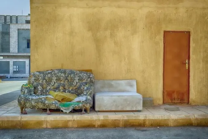 Framed Print : Corner sofa and chair - outside Framed Print : Corner sofa and chair - outside