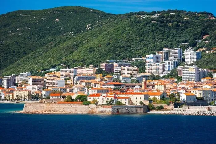 Framed Print : Corsica, France coastal resorts skyline on the Mediterranean Framed Print : Corsica, France coastal resorts skyline on the Mediterranean