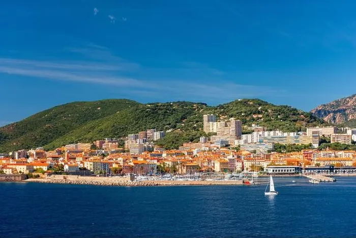 Framed Print : Corsica, France coastal resorts skyline on the Mediterranean Framed Print : Corsica, France coastal resorts skyline on the Mediterranean