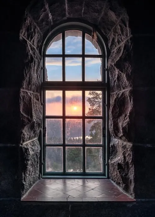 Framed Print : Cosy view looking through an old window with sunset at autumn morning in National Park, Finland Framed Print : Cosy view looking through an old window with sunset at autumn morning in National Park, Finland