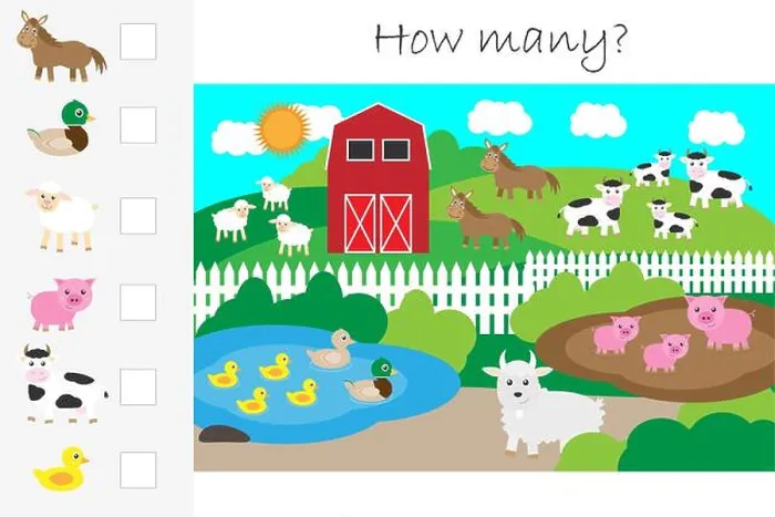 Framed Print : How many counting game, farm with animals for kids Framed Print : How many counting game, farm with animals for kids