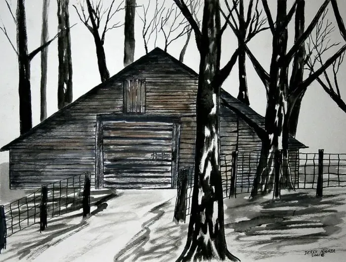 Framed Print : Country barn black and white art pen and ink drawing watercolor painting Framed Print : Country barn black and white art pen and ink drawing watercolor painting