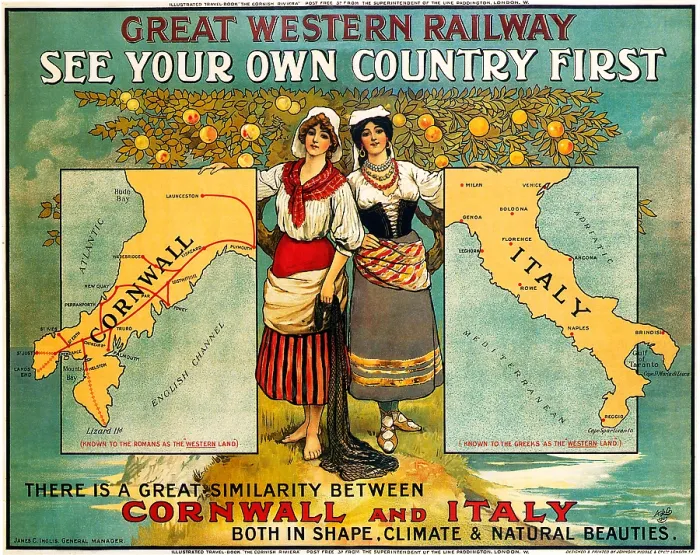 Framed Print : See Your Own Country First 1907 GWR poster for holidays in Cornwall cleverly juxtaposes the county with Italy