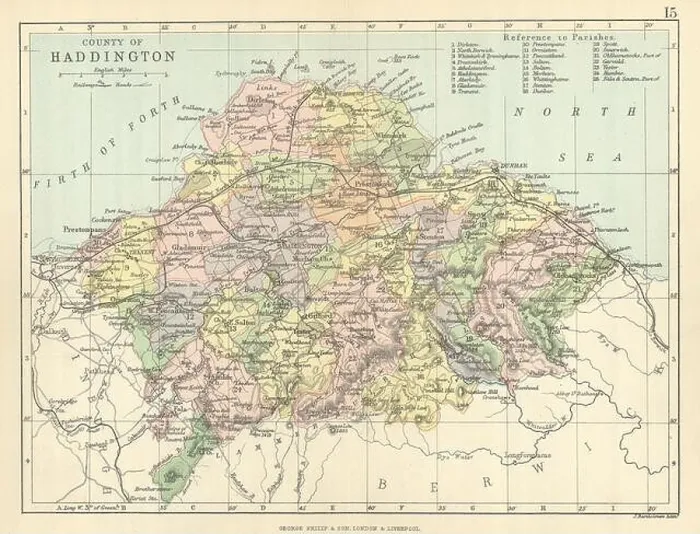 Framed Print : County of Haddington'. Haddingtonshire. Parishes. BARTHOLOMEW 1886 old map Framed Print : County of Haddington'. Haddingtonshire. Parishes. BARTHOLOMEW 1886 old map