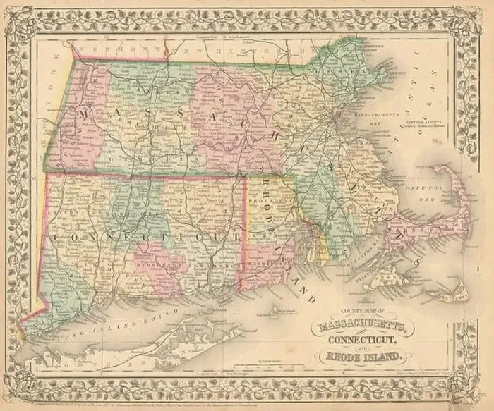 Framed Print : County map of Massachusetts, Connecticut, and Rhode Island. MITCHELL 1869 Framed Print : County map of Massachusetts, Connecticut, and Rhode Island. MITCHELL 1869