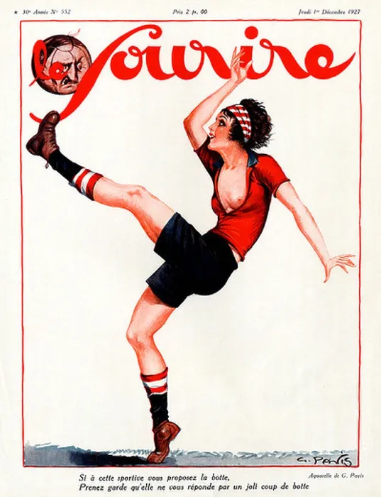 Framed Print : Coup de Botte 1927 French risque magazine cover with a lady footballer kicking her lover's head as the ball into touch Framed Print : Coup de Botte 1927 French risque magazine cover with a lady footballer kicking her lover's head as the ball into touch