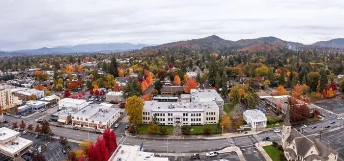 Framed Print : Court house and city hall in Grants Pass Oregon, panoramic drone shot Framed Print : Court house and city hall in Grants Pass Oregon, panoramic drone shot