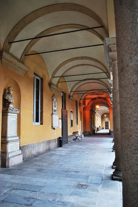 Framed Print : Courtyard and arcade in famous historical Pavia university, Lombardy, Italy Framed Print : Courtyard and arcade in famous historical Pavia university, Lombardy, Italy