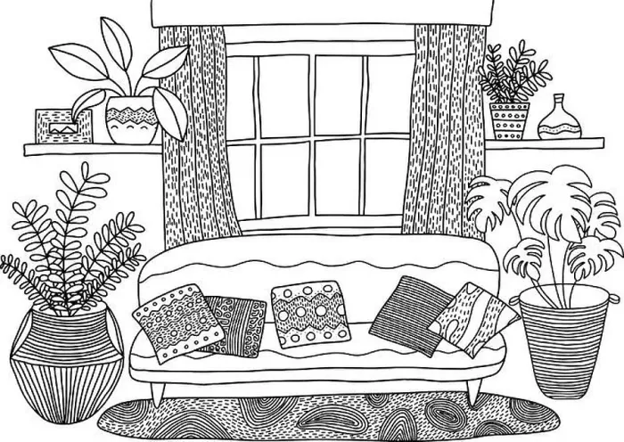 Framed Print : Cozy living room coloring page Framed Print : Cozy living room coloring page