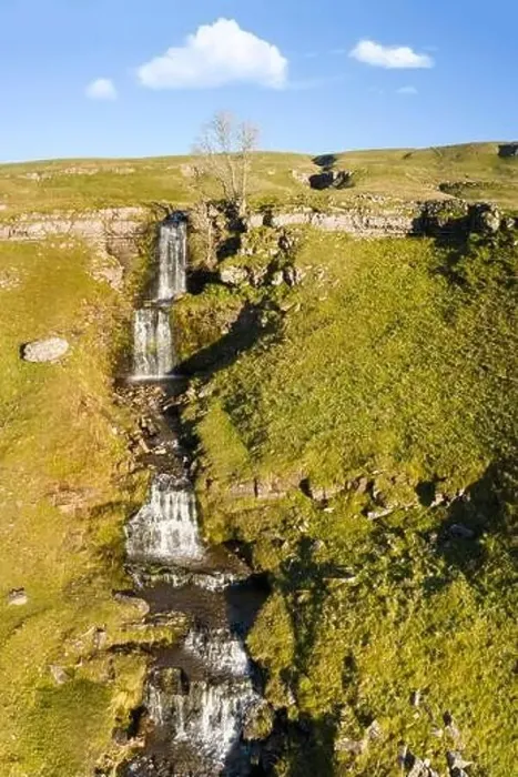 Framed Print : cray falls in wharfedale yorkshire on sunny day with blue sky drone image Framed Print : cray falls in wharfedale yorkshire on sunny day with blue sky drone image