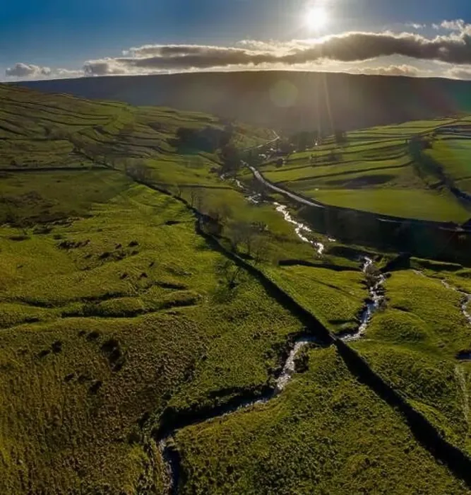 Framed Print : Cray Gill alongside Buckden Pike looking into the setting sun aerial view from drone Framed Print : Cray Gill alongside Buckden Pike looking into the setting sun aerial view from drone