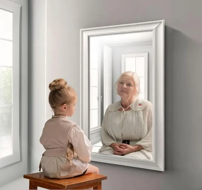 Framed Print : Creative conceptual collage. Little girl looking in mirror and seeing reflection of senior lady Framed Print : Creative conceptual collage. Little girl looking in mirror and seeing reflection of senior lady
