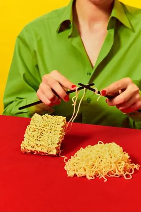 Framed Print : Creative image with woman knitting instant noodles on blue table on vivid red tablecloth over yellow background
