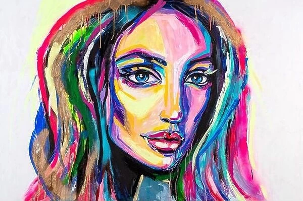Creative painting, colorful portrait of pretty woman. Abstract colorful paint. Modern, tender multicolor futuristic dynamic awesome artwork. Bright