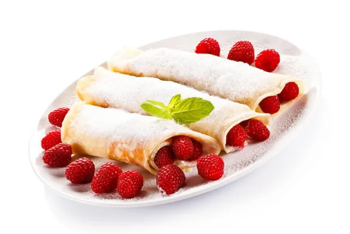 Framed Print : Crepes with raspberries and cream Framed Print : Crepes with raspberries and cream