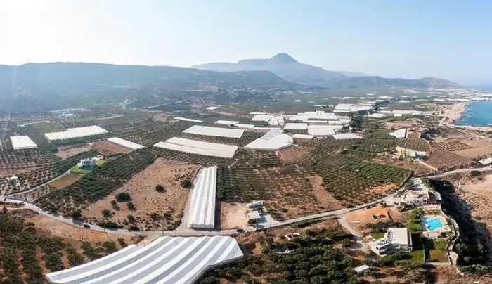 Framed Print : Crete island Greece. Aerial drone panoramic view of greenhouse in valley Framed Print : Crete island Greece. Aerial drone panoramic view of greenhouse in valley