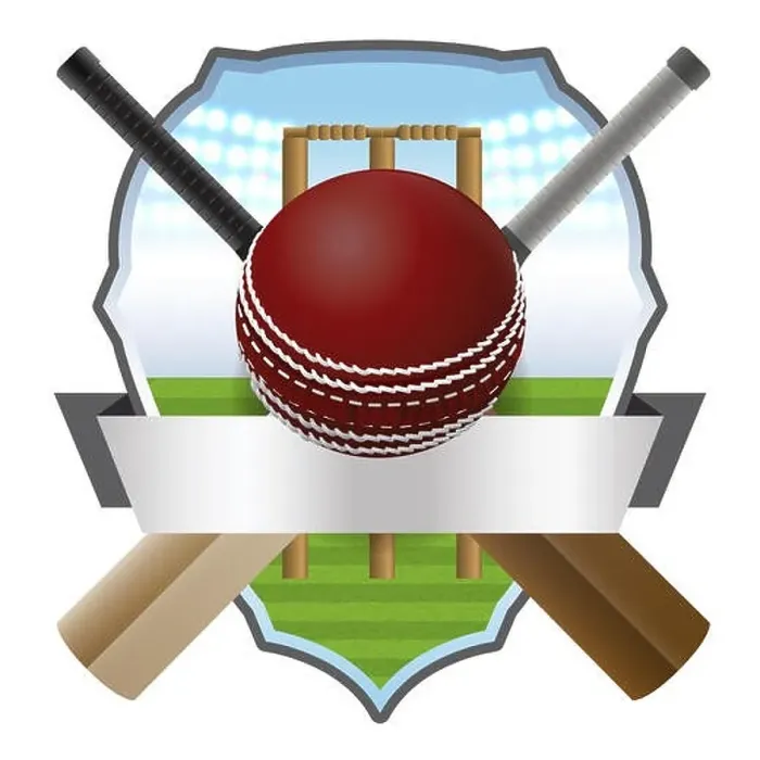 Framed Print : Cricket bats and ball in front of a wicket and athletic badge Framed Print : Cricket bats and ball in front of a wicket and athletic badge