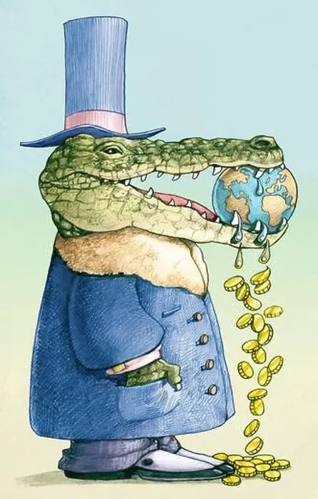 Framed Print : a crocodile-faced financier keeps the world in the throats concept of reckless and cruel finance Framed Print : a crocodile-faced financier keeps the world in the throats concept of reckless and cruel finance