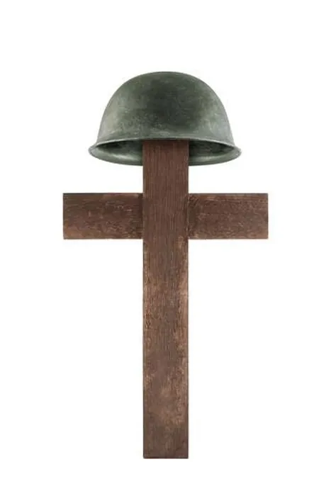 Framed Print : Cross and helmet isolated on white background. Grave of a fallen soldier Framed Print : Cross and helmet isolated on white background. Grave of a fallen soldier
