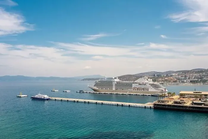 Framed Print : The cruise ship is located on Kusadasi Island in the port of Kusadasi, Turkey