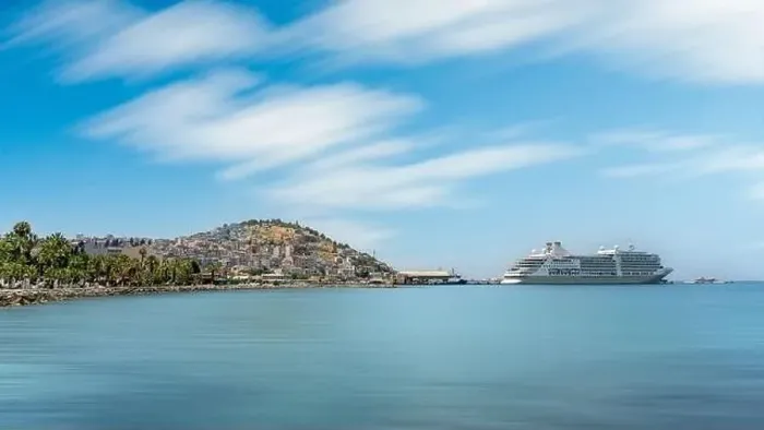 Framed Print : The cruise ship is located on Kusadasi Island in the port of Kusadasi, Turkey