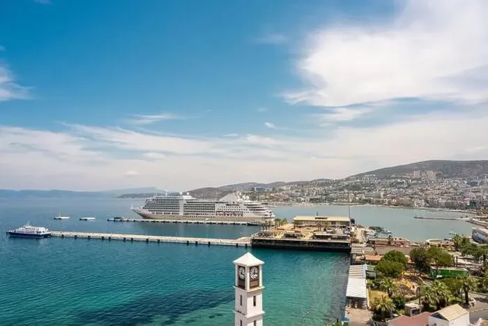 Framed Print : The cruise ship is located on Kusadasi Island in the port of Kusadasi, Turkey