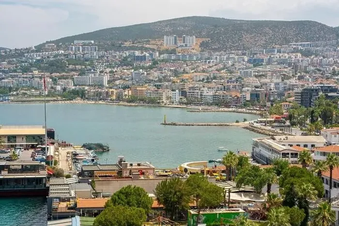Framed Print : The cruise ship is located on Kusadasi Island in the port of Kusadasi, Turkey