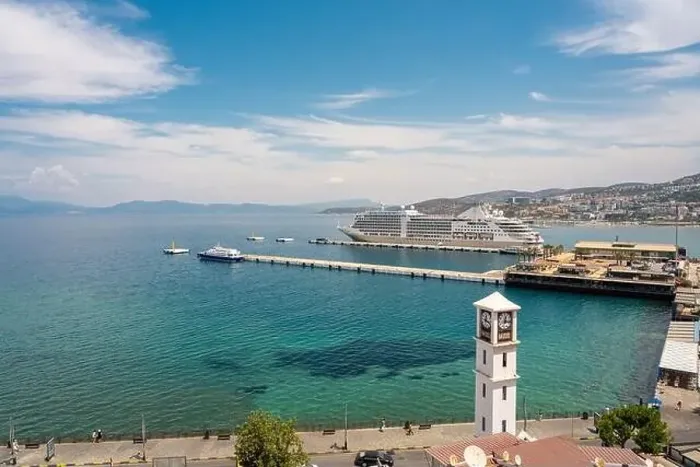 Framed Print : The cruise ship is located on Kusadasi Island in the port of Kusadasi, Turkey