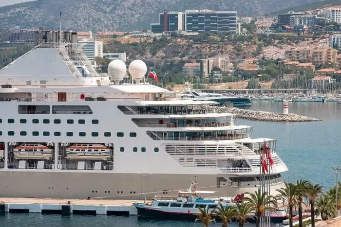 Framed Print : The cruise ship is located on Kusadasi Island in the port of Kusadasi, Turkey