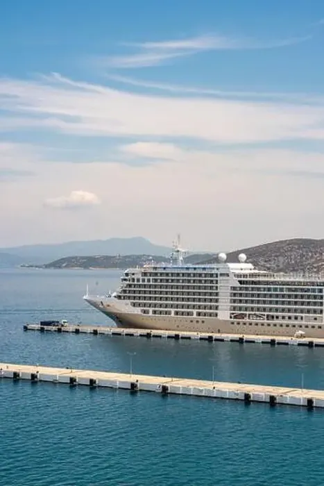 Framed Print : The cruise ship is located on Kusadasi Island in the port of Kusadasi, Turkey