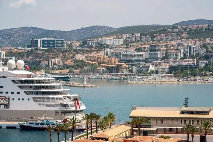 Framed Print : The cruise ship is located on Kusadasi Island in the port of Kusadasi, Turkey