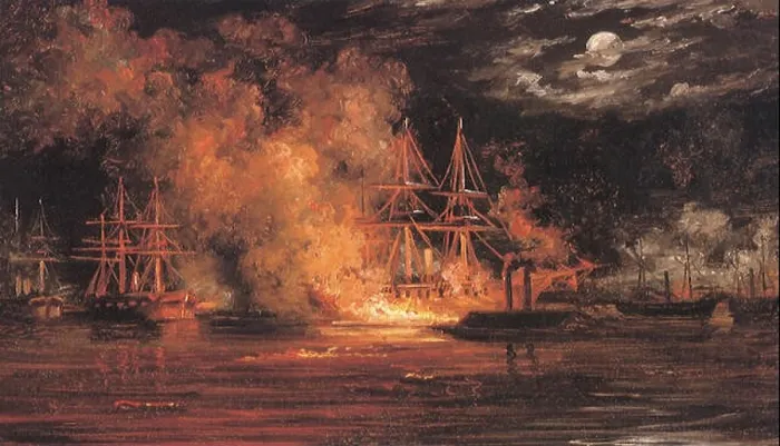 Framed Print : C.S.S. Manassas Pushing Fire Barge into the U.S.S. Hartford Framed Print : C.S.S. Manassas Pushing Fire Barge into the U.S.S. Hartford