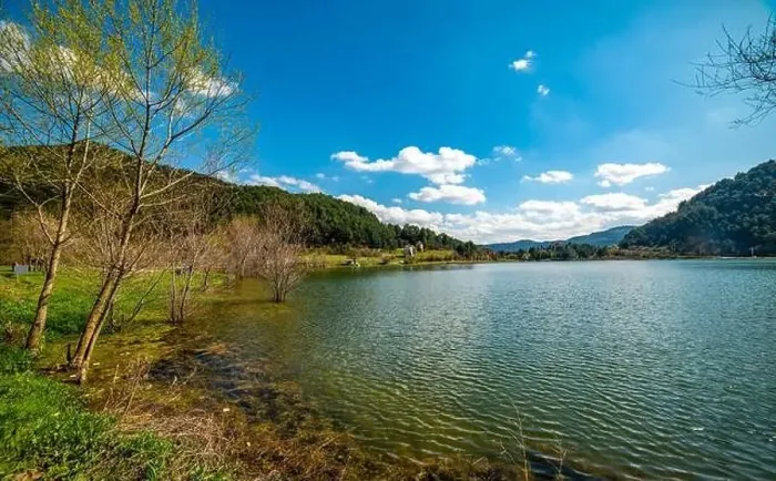 Framed Print : Cubuk Lake in Goynuk District of Bolu, Turkey. Beautiful lake view with windmills Framed Print : Cubuk Lake in Goynuk District of Bolu, Turkey. Beautiful lake view with windmills