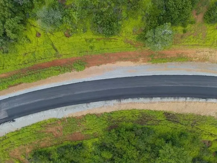 Framed Print : Curve in asphalt road above top drone view Framed Print : Curve in asphalt road above top drone view