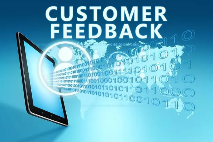 Framed Print : Customer Feedback - text with social icons and tablet computer on blue digital world map background