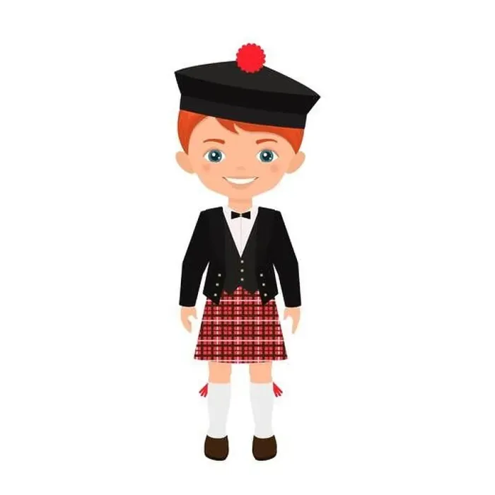 Framed Print : Cute boy character in Scottish suit isolated on white background. Cartoon flat style. Vector illustration Framed Print : Cute boy character in Scottish suit isolated on white background. Cartoon flat style. Vector illustration