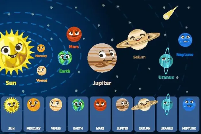 Framed Print : Cute cartoon Solar system space planets with smiling faces orbiting Sun, vector illustration. Kids astronomy poster Framed Print : Cute cartoon Solar system space planets with smiling faces orbiting Sun, vector illustration. Kids astronomy poster