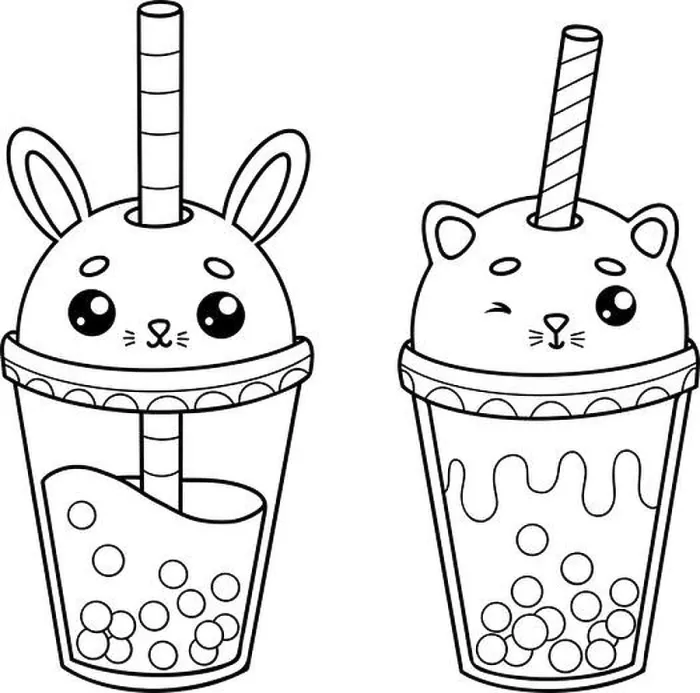 Framed Print : Cute outline glass of Bubble Tea Rabbit and cat with straw Framed Print : Cute outline glass of Bubble Tea Rabbit and cat with straw