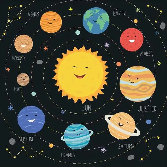 Framed Print : Cute planets with funny smiling faces Framed Print : Cute planets with funny smiling faces