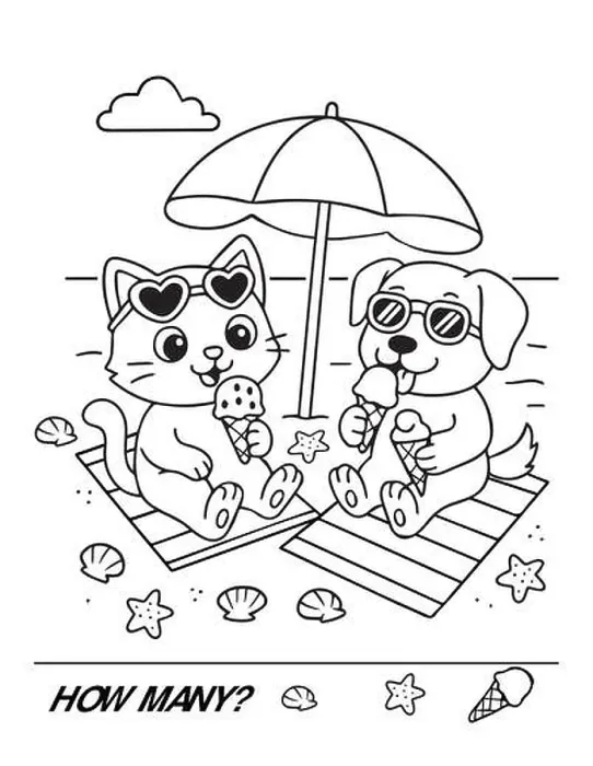 Framed Print : Cute playful cat and dog on a beach vacation, color and count worksheet for preschool kindergarten. Vector illustration Framed Print : Cute playful cat and dog on a beach vacation, color and count worksheet for preschool kindergarten. Vector illustration
