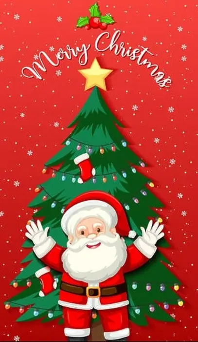 Framed Print : Cute Santa Claus cartoon character with christmas tree on red background Framed Print : Cute Santa Claus cartoon character with christmas tree on red background