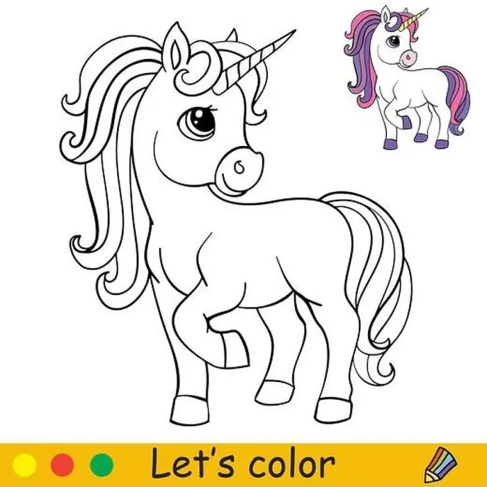 Framed Print : Cute standing cartoon unicorn. Coloring book page with colorful template Framed Print : Cute standing cartoon unicorn. Coloring book page with colorful template