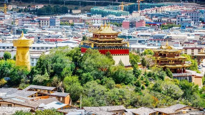 Framed Print : Dafo Big Buddha temple aerial view and Guishan park scenic in Dukezong old town in Shangri-La Yunnan China Framed Print : Dafo Big Buddha temple aerial view and Guishan park scenic in Dukezong old town in Shangri-La Yunnan China